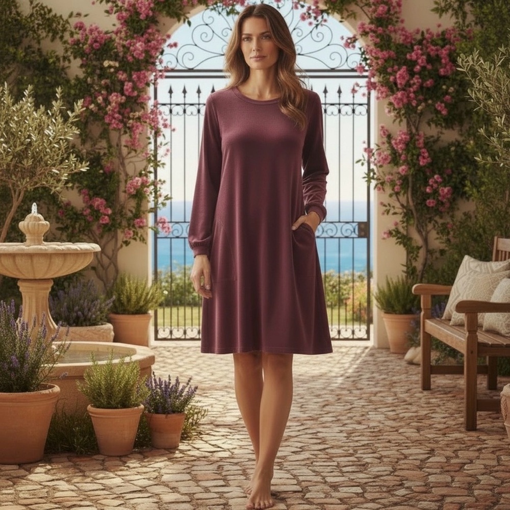 J. Jill Pure Jill Plum Huckleberry Velour Velvet Long Sleeve Shift Dress S EUC